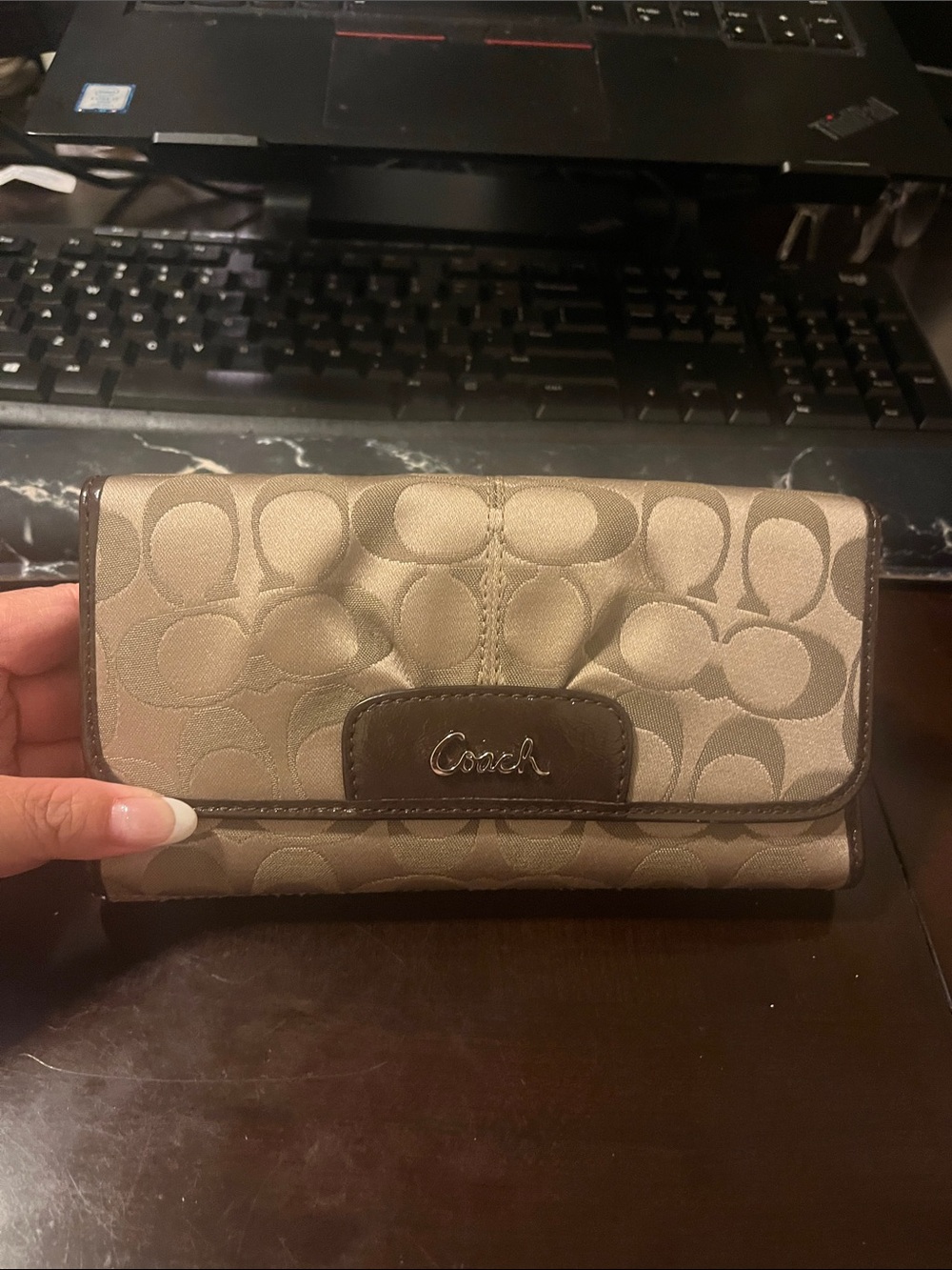 Coach Beige and Brown Signature Continental Wallet